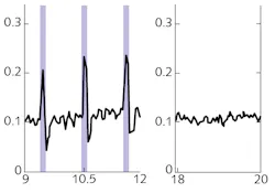 FIGURE 5. Optical pulses at one end of a “living electrode,” indicated by the vertical blue bars, trigger a calcium response at the other end, indicated by the solid black response curve. FIGURE 5. Optical pulses at one end of a “living electrode,” indicated by the vertical blue bars, trigger a calcium response at the other end, indicated by the solid black response curve.