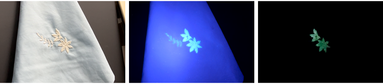 Embroidery using fluorescent thread on the left-hand leaf, and phosphorescent thread on the two flowers. Both glow under a UV light (middle) but just the phosphorescent thread glows in the dark, and only briefly (right).