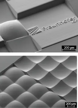 FIGURE 4. Scanning electron micrographs of patterned resist surfaces, showing a close-packed collage of typical refractive microstructures (a) and convex and concave microlens arrays (b). FIGURE 4. Scanning electron micrographs of patterned resist surfaces, showing a close-packed collage of typical refractive microstructures (a) and convex and concave microlens arrays (b).