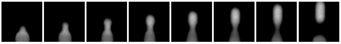 FIGURE 1. The last eight images out of a series of 12 [1]. Generation of one single droplet (0.003 s) containing Cy3-labeled DNA, captured with a frame rate of 4086 frames per second.