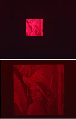 FIGURE 2. A holographic zoom projector based on “aliasing-reduced scaled and shifted Fresnel diffraction” (ARSS-Fresnel diffraction) has a total experimental zoom of 9 (these two photos show a zoom of 2.5). FIGURE 2. A holographic zoom projector based on “aliasing-reduced scaled and shifted Fresnel diffraction” (ARSS-Fresnel diffraction) has a total experimental zoom of 9 (these two photos show a zoom of 2.5).