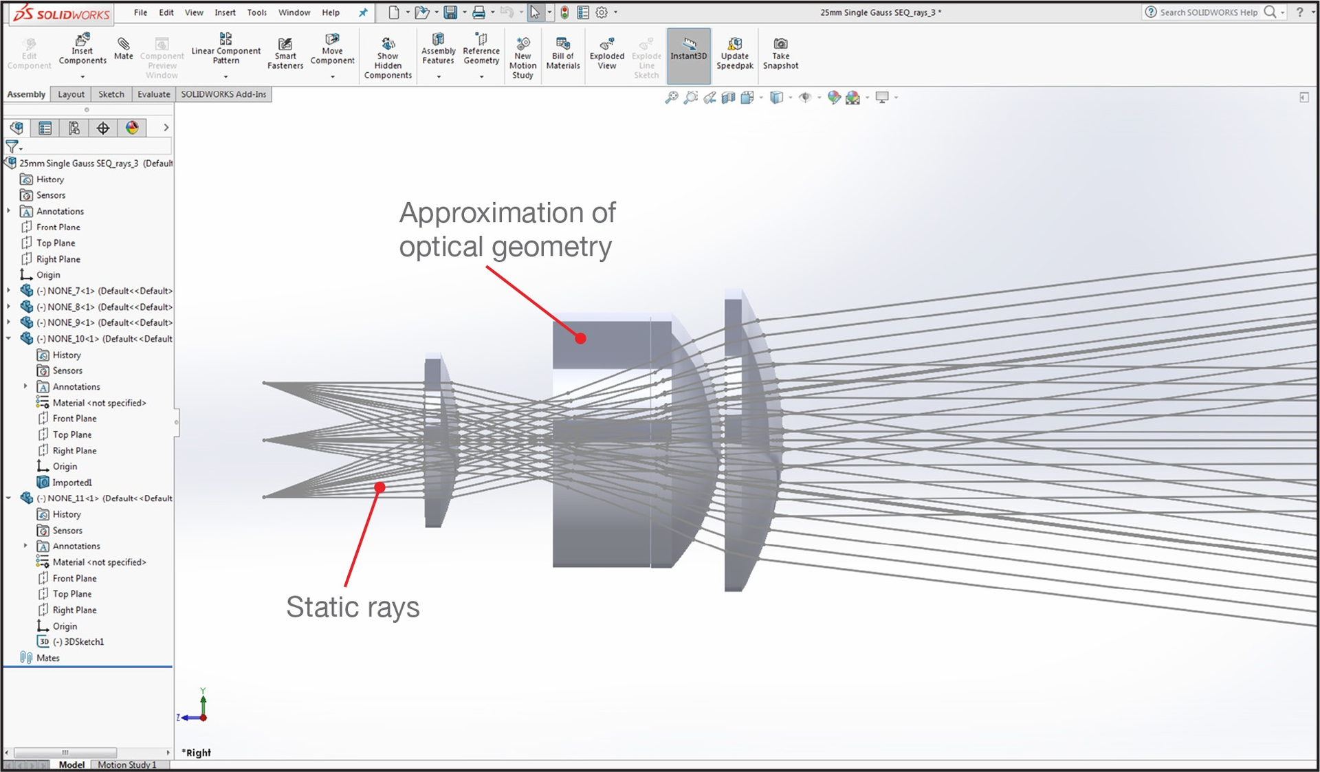 FIGURE 1. A 25 mm single Gauss system is imported as a STEP file with a ray bundle.