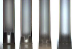 FIGURE 3. A photonic crystal fiber (PCF) is shown in stages as it is spliced to an end cap; where the fiber looks solid (far right), the structure has collapsed. FIGURE 3. A photonic crystal fiber (PCF) is shown in stages as it is spliced to an end cap; where the fiber looks solid (far right), the structure has collapsed.