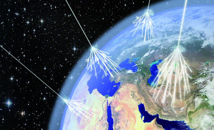 An illustration shows 'air showers' that result when ultrahigh-energy cosmic rays strike the top of the Earth's atmosphere and collide with air nuclei, producing other particles that lose most of their energy before reaching the ground.