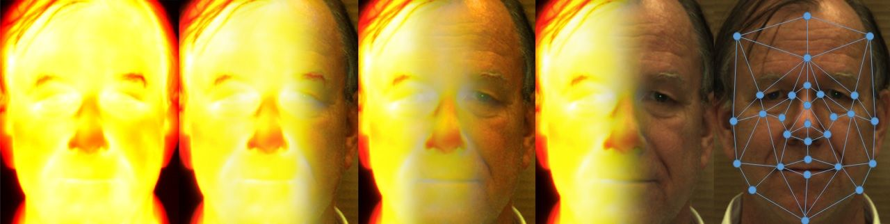 Thermal imaging and deep neural networks combine in a thermal-to-visible, nighttime facial recognition system that is interoperable with visible-light-based facial recognition systems.