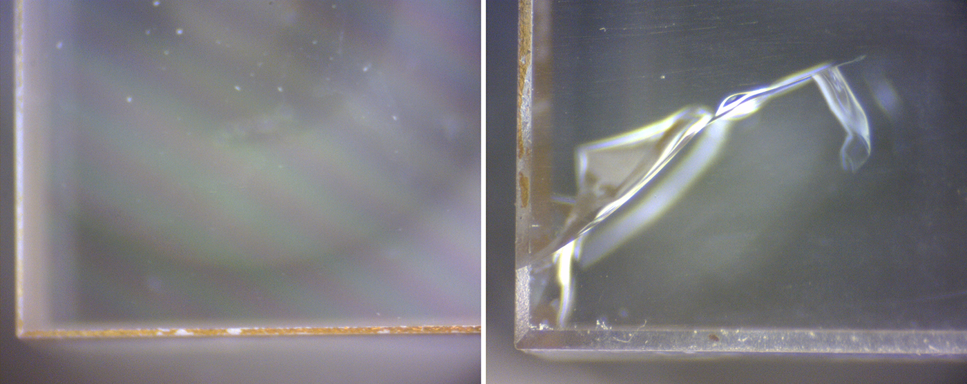 Nd:alumina (left) shows no signs of cracking at 40 W applied optical pumping at 808 nm, while Nd:YAG (right) cracks at 25 W.