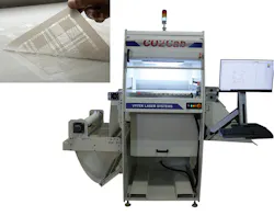 FIGURE 7. An Iradion 250 W laser was integrated into a modified 3-axis galvo CO2Cab system from Vytek Laser Systems for use in a stencil cutting application (inset). FIGURE 7. An Iradion 250 W laser was integrated into a modified 3-axis galvo CO2Cab system from Vytek Laser Systems for use in a stencil cutting application (inset).