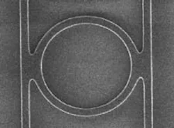 Microring resonator with fused waveguides has a radius of 3 µm and was fabricated at Hewlett Packard. Resonators with radii of 3 to 5 µm that resonate with Qs of 250 were observed at a wavelength of 1.55 µm. Microring resonator with fused waveguides has a radius of 3 µm and was fabricated at Hewlett Packard. Resonators with radii of 3 to 5 µm that resonate with Qs of 250 were observed at a wavelength of 1.55 µm.