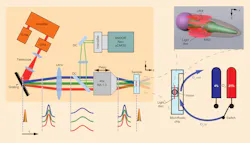 Volumetric fluorescence imaging using wide-field two-photon light sculpting. Schematic depicting of the light-sculpting microscope and microfluidic sample holder. The pulses at the bottom sketch the geometric dispersion in temporal focusing as a function of axial position. Top right: artistic rendering of a C. elegans head, indicating axially scanned light discs and the imaged region (red). URX and BAG neurons (pink) are also depicted. Scale bar = 15 μm. DC = dichroic mirror; OPA = optical parametric amplifier; NA = numerical aperture; and Ti:Sa = Ti:sapphire oscillator. Volumetric fluorescence imaging using wide-field two-photon light sculpting. Schematic depicting of the light-sculpting microscope and microfluidic sample holder. The pulses at the bottom sketch the geometric dispersion in temporal focusing as a function of axial position. Top right: artistic rendering of a C. elegans head, indicating axially scanned light discs and the imaged region (red). URX and BAG neurons (pink) are also depicted. Scale bar = 15 μm. DC = dichroic mirror; OPA = optical parametric amplifier; NA = numerical aperture; and Ti:Sa = Ti:sapphire oscillator.