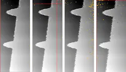 FIGURE 2. Raw data of OCT seam tracking data with beam oscillations at 0, 250, 500, and 1000 Hz (left to right) FIGURE 2. Raw data of OCT seam tracking data with beam oscillations at 0, 250, 500, and 1000 Hz (left to right)
