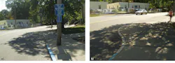 FIGURE 3. Shadows cast by leaves covered a light-colored curb, hiding them from drivers in the street (a); pedestrians had a better view from the sidewalk (b). FIGURE 3. Shadows cast by leaves covered a light-colored curb, hiding them from drivers in the street (a); pedestrians had a better view from the sidewalk (b).