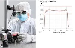 FIGURE 2. A CCD camera (a) is a proven tool to measure light radiation homogeneity (near-field and far-field measurements). A combination of diffuser homogeneity and diffuser efficiency measurements, paired with the calibration device of the light source in the field, allows power radiated in relation to a surface area to be calculated (b). For a cylindrical diffuser, this parameter is called local radiant exitance or the fluence rate. The graph shows an application with a nominal local exitance of 400 mW/cm. The similarly shaped curves show the high reproducibility of the diffuser batch. FIGURE 2. A CCD camera (a) is a proven tool to measure light radiation homogeneity (near-field and far-field measurements). A combination of diffuser homogeneity and diffuser efficiency measurements, paired with the calibration device of the light source in the field, allows power radiated in relation to a surface area to be calculated (b). For a cylindrical diffuser, this parameter is called local radiant exitance or the fluence rate. The graph shows an application with a nominal local exitance of 400 mW/cm. The similarly shaped curves show the high reproducibility of the diffuser batch.