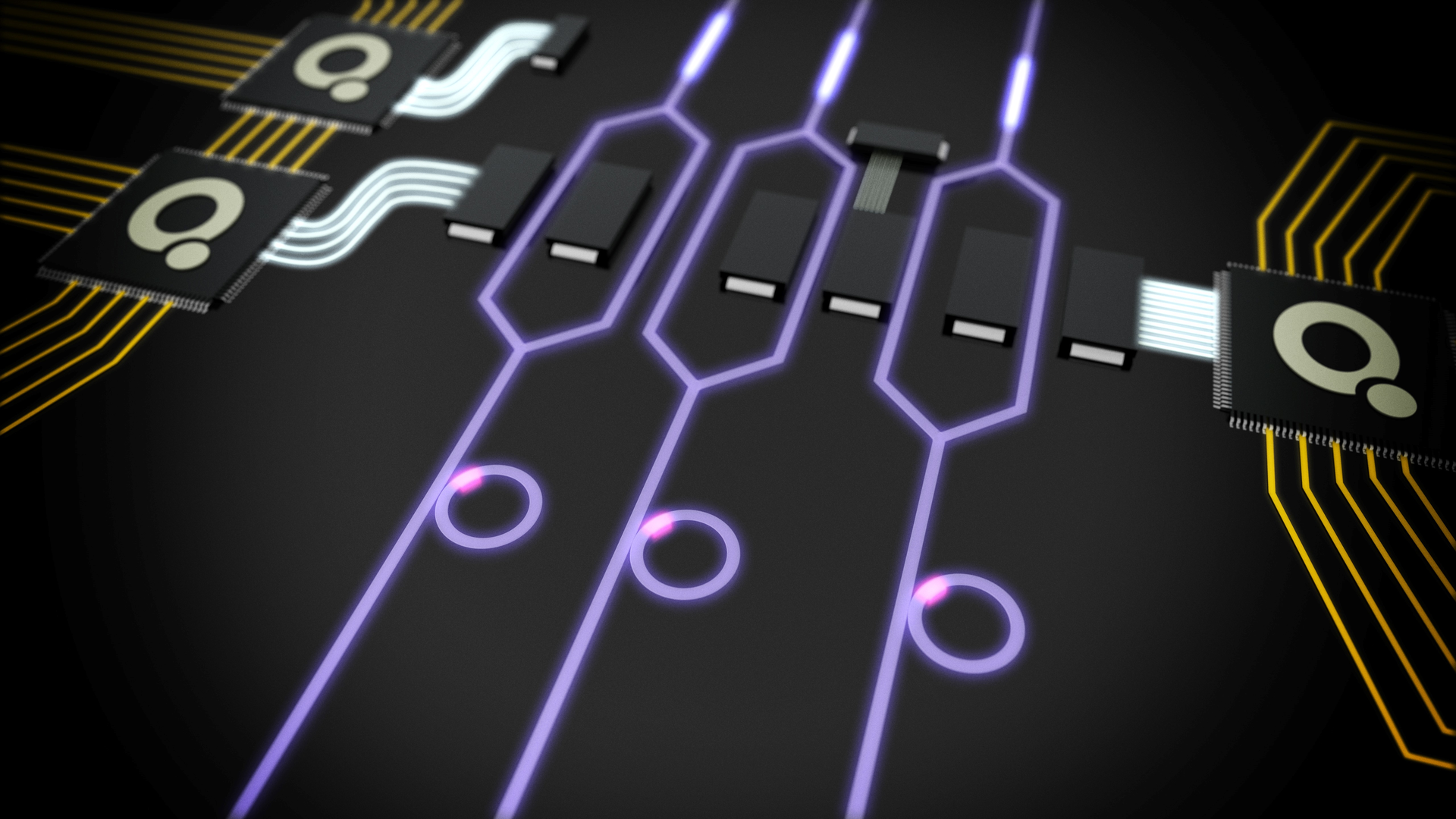 Graphical representation of a photonic quantum computer with ring resonators as quantum light sources (blue circles), waveguides (blue lines), electrically modulable Mach-Zehnder interferometers (diamonds), as well as electrical contacts (black boxes), chip control (black ICs with the Q logo), and wiring (gold and white lines).