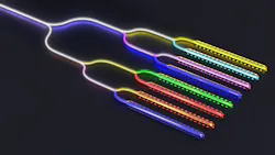 This illustration shows Intel Labs’ eight-channel hybrid III-V/silicon DFB laser array, which marks a leap forward in capabilities of multiwavelength laser manufacturing within a high-volume fab. This illustration shows Intel Labs’ eight-channel hybrid III-V/silicon DFB laser array, which marks a leap forward in capabilities of multiwavelength laser manufacturing within a high-volume fab.