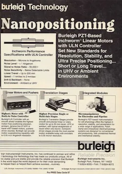 FIGURE 7. Burleigh Instruments' 'inchworm' piezoelectric positioners were able to move up to 200 mm at speeds of 1 nm to 2 mm/s. FIGURE 7. Burleigh Instruments' 'inchworm' piezoelectric positioners were able to move up to 200 mm at speeds of 1 nm to 2 mm/s.