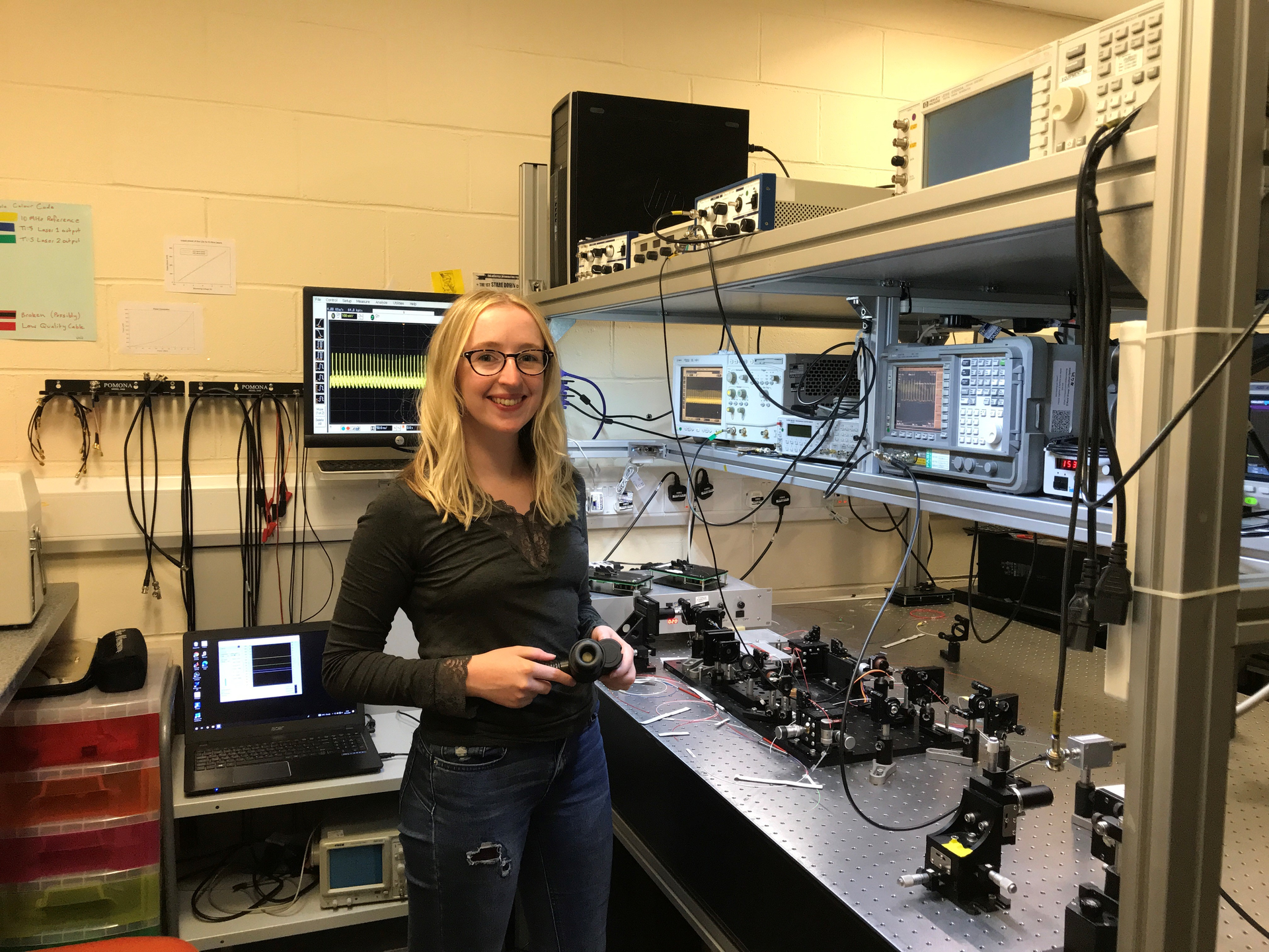 FIGURE 1. Hollie Wright in her optics lab at Heriot-Watt University in Scotland.