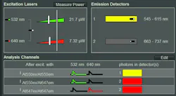 FIGURE 1. Screenshot of hardware and analysis settings for a smFRET experiment with 532 nm and 640 nm pulsed interleaved excitation and dual-channel detection, yielding three logical analysis channels. FIGURE 1. Screenshot of hardware and analysis settings for a smFRET experiment with 532 nm and 640 nm pulsed interleaved excitation and dual-channel detection, yielding three logical analysis channels.