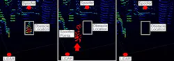 FIGURE 2. This shows 3 stages of the attack when deleting a target traffic cone—no attack, fake LiDAR reflections spoofed in front of the target traffic cone (fake signals in red), and fake LiDAR reflections spoofed within the LiDAR proximity (neither the spoofed reflections nor the traffic cone are visible). FIGURE 2. This shows 3 stages of the attack when deleting a target traffic cone—no attack, fake LiDAR reflections spoofed in front of the target traffic cone (fake signals in red), and fake LiDAR reflections spoofed within the LiDAR proximity (neither the spoofed reflections nor the traffic cone are visible).