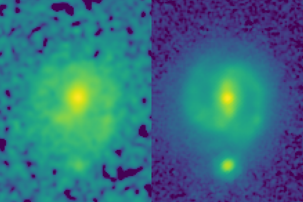 FIGURE 1. The power of JWST to map galaxies at high resolution and at longer infrared lengths than Hubble allows it to look through dust to unveil the underlying structure and mass of distant galaxies. This can be seen in these two images of the galaxy EGS-23205, seen as it was about 11 billion years ago. In the HST image (left, taken in the near-infrared filter), the galaxy is little more than a disk-shaped smudge obscured by dust and impacted by the glare of young stars, but in the corresponding JWST mid-infrared image (taken last summer), it&rsquo;s a beautiful spiral galaxy with a clear stellar bar.
