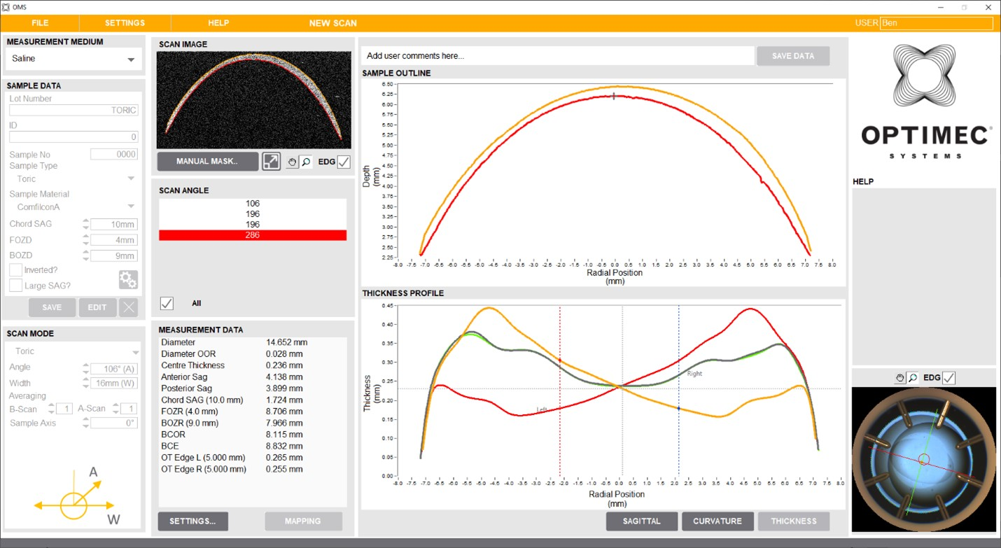 FIGURE 1. Optimec is830 software for visualizing contact lenses with OCT.