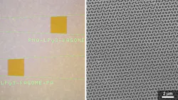 FIGURE 2. Two leaky-wave metasurfaces for generating Kagome lattices are shown: at right, a SEM image of a portion of a leaky-wave metasurface, which is composed of nano-apertures etched into a polymer layer atop a silicon nitride thin film. FIGURE 2. Two leaky-wave metasurfaces for generating Kagome lattices are shown: at right, a SEM image of a portion of a leaky-wave metasurface, which is composed of nano-apertures etched into a polymer layer atop a silicon nitride thin film.