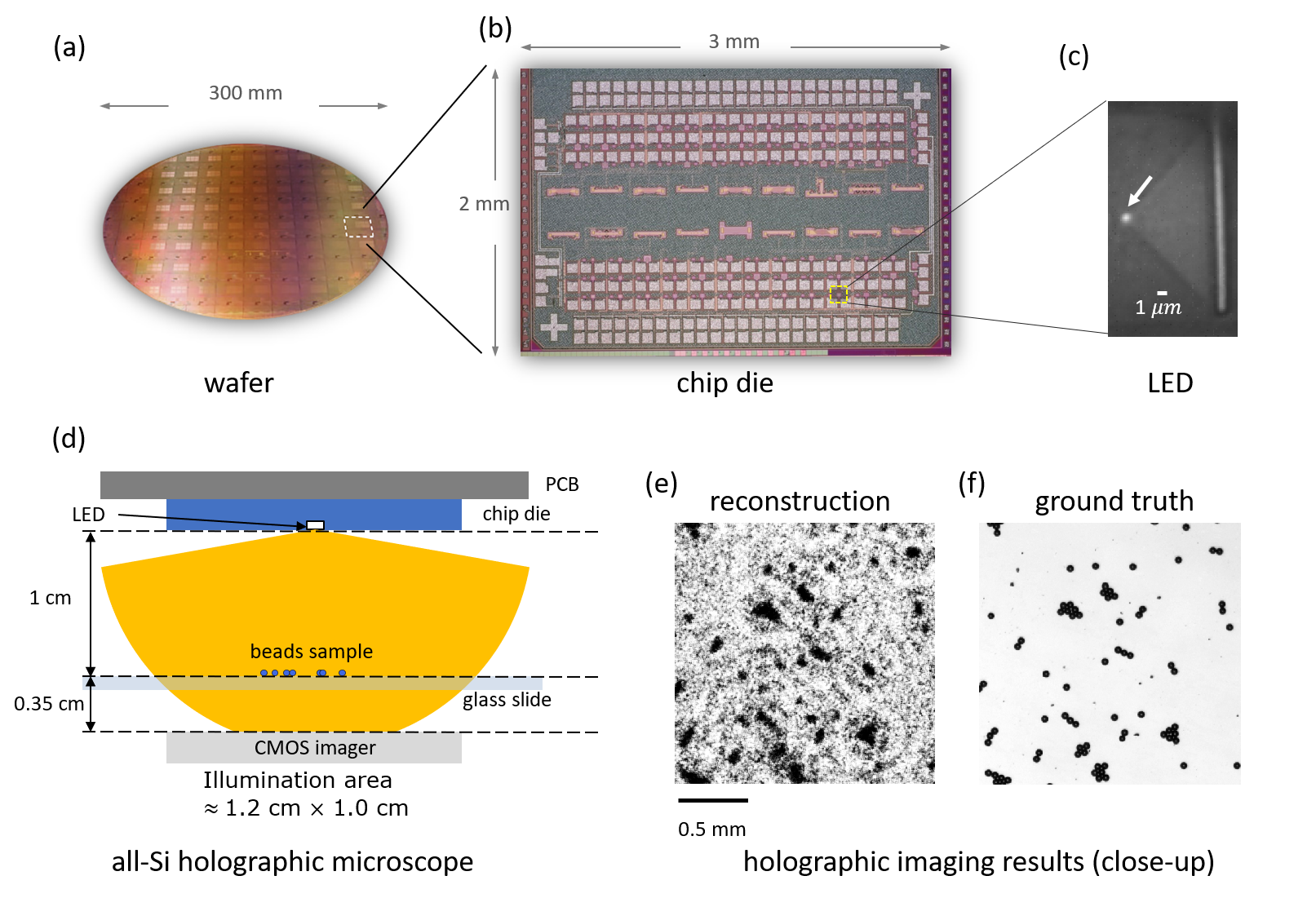 FIGURE 1. A 300 mm wafer (a); close-up of a chip die (b); infrared micrograph with the LED turned on (c); holographic microscope setup (d); and a reconstructed holographic image (e) compared with the ground truth (f).