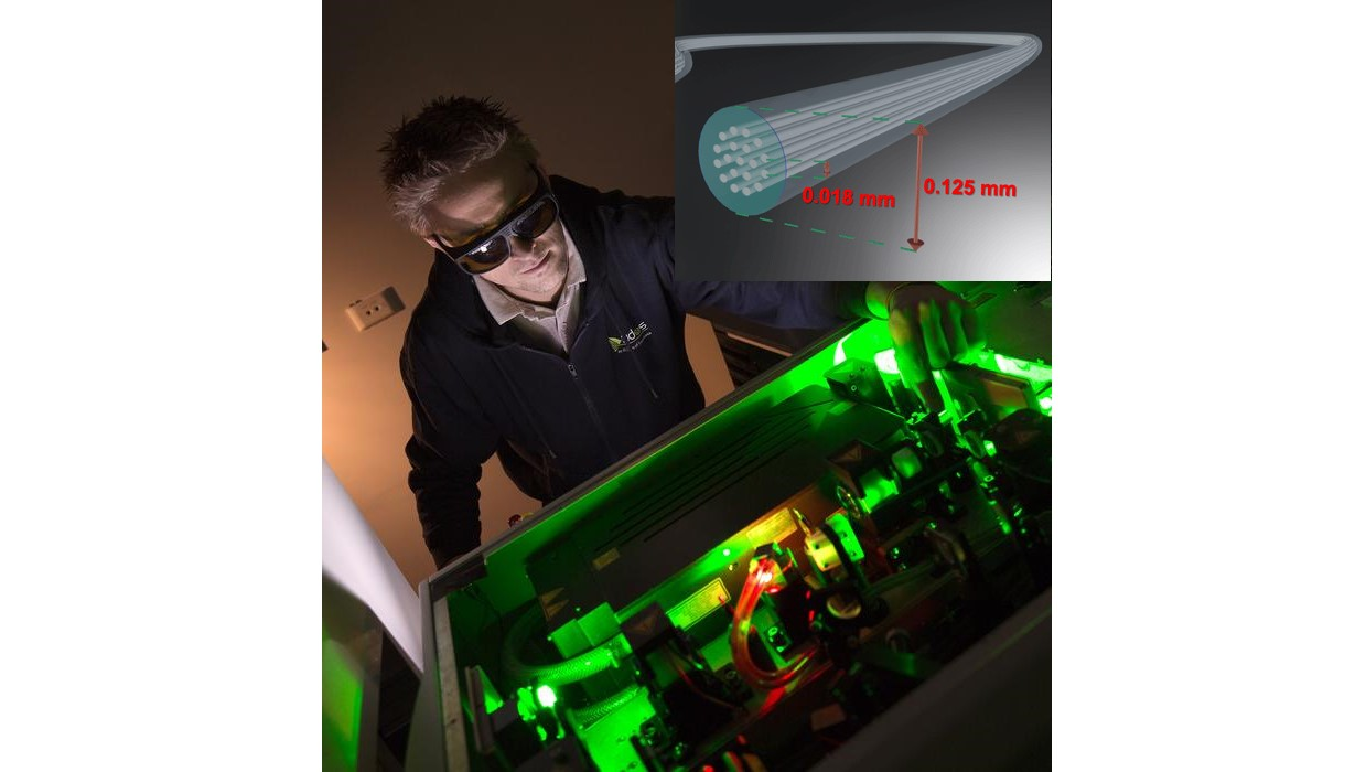 FIGURE 1. Simon Gross, an ARC Future Fellow at the Macquarie University School of Engineering, works with the new multicore optical fiber setup; the new 19-core optical fiber is shown in the inset.