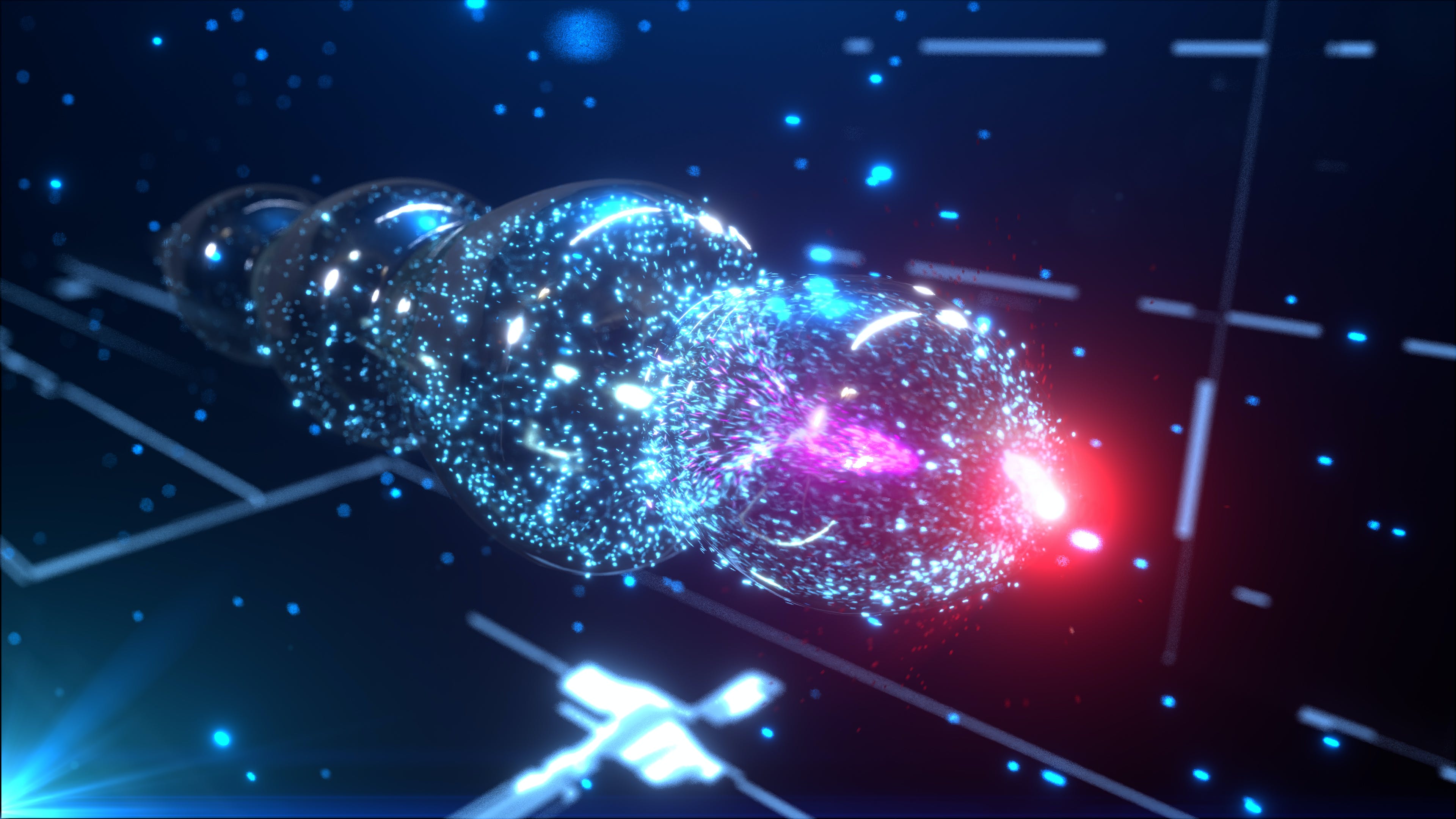 FIGURE 1. Artist&rsquo;s rendering of the wakefield process. An ultra-intense, infrared laser pulse (red) drags a three-dimensional plasma wake behind it. Electrons are injected into this wake at the back of the first bubble and get accelerated, following the laser pulse.