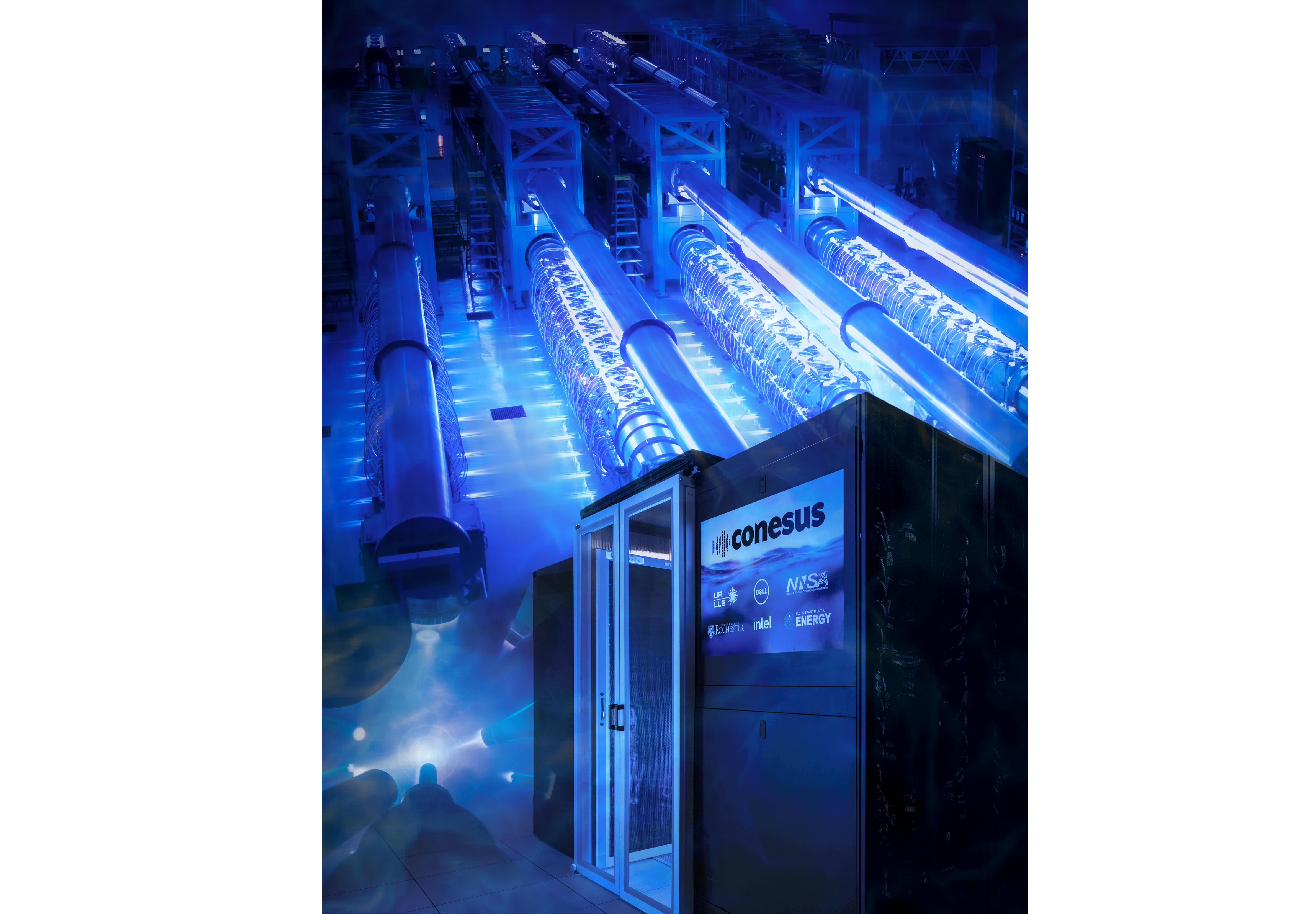 The Conesus Supercomputer is shown in the bottom right with the OMEGA EP Laser System (top) and an image of a target shot inside the target chamber (bottom left).