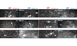 FIGURE 1. Image quality in 2P vs. 3P microscopy as a function of depth in mouse brain. FIGURE 1. Image quality in 2P vs. 3P microscopy as a function of depth in mouse brain.