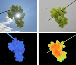 FIGURE 3. Outdoor setup with the camera facing sun (top left); captured depth image (bottom left); indoor setup with the presence of typical indoor artificial ambient lighting (top right); and captured depth image (bottom right). FIGURE 3. Outdoor setup with the camera facing sun (top left); captured depth image (bottom left); indoor setup with the presence of typical indoor artificial ambient lighting (top right); and captured depth image (bottom right).