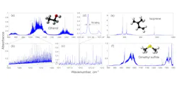 FIGURE 4. Spectra of ethanol with progressively increasing zoom (a-d), full spectrum of isoprene (e), and full spectrum of dimethyl sulfide (f). FIGURE 4. Spectra of ethanol with progressively increasing zoom (a-d), full spectrum of isoprene (e), and full spectrum of dimethyl sulfide (f).