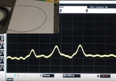 A still from the video below shows a distributed-sensing fiber (upper left) and a signal in the process of being cleaned up with an image-processing algorithm.