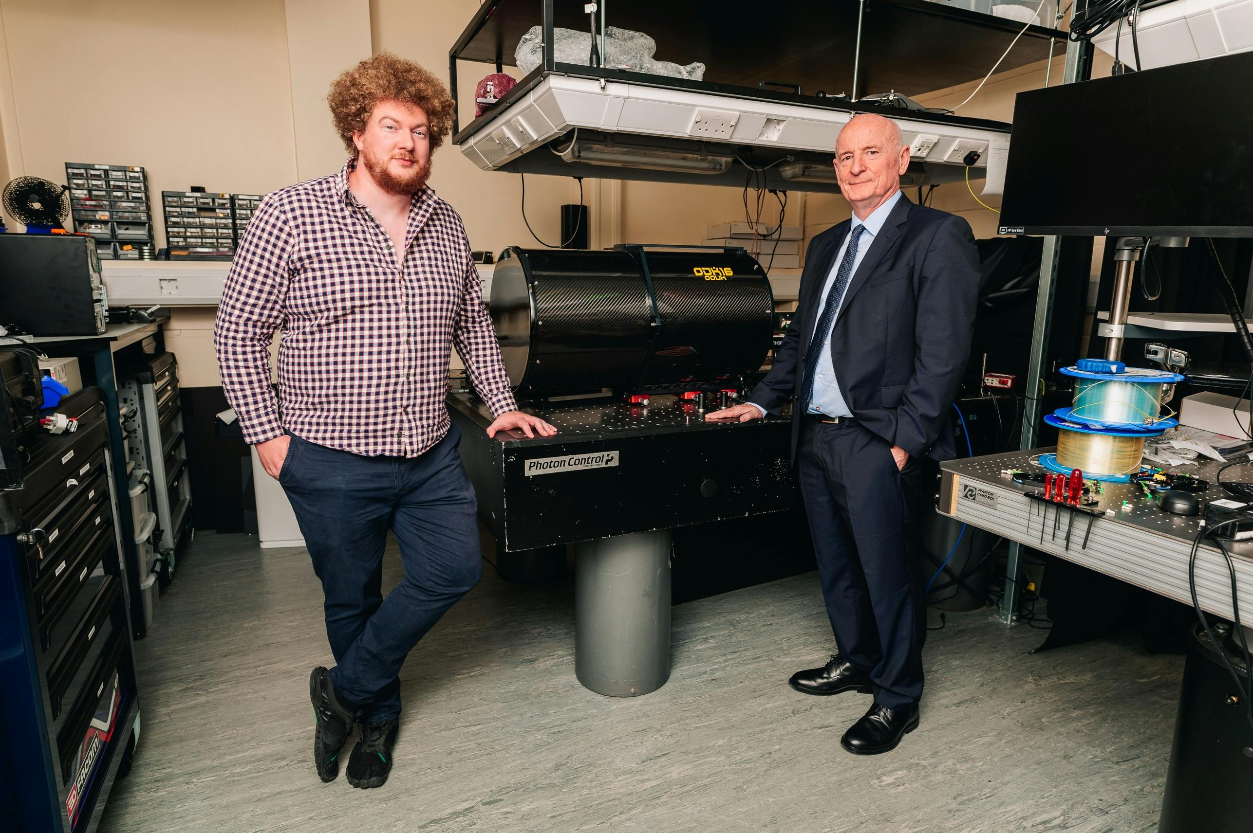 Dr. Ross Donaldson and Professor Gerald Buller pictured with equipment that will be used in the new optical ground station.