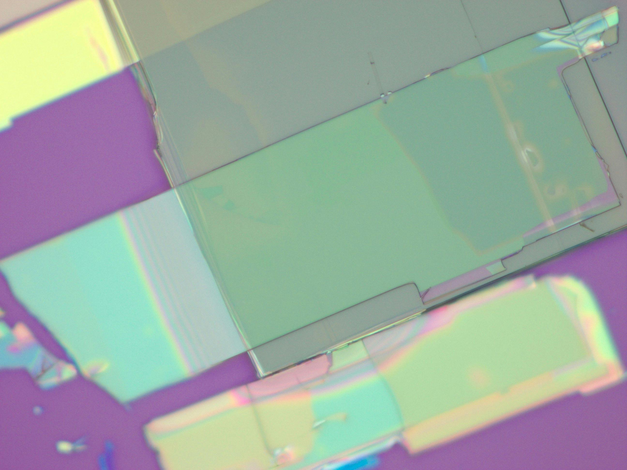 Two thin flakes of niobium oxide dichloride stacked on each other and photographed under a light microscope. One flake&rsquo;s crystalline grain (gray flake) is positioned perpendicularly to the grain of the other flake (green flake).