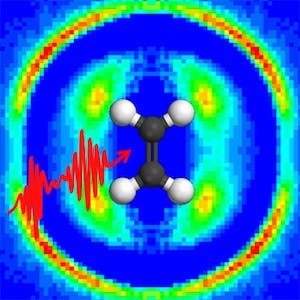 A laser drives a chemical reaction to form an unusual molecule; feedback consisting of a 3D velocity-map (a 2D cross-section is shown) conveys momentum data that helps scientists to improve the reaction.