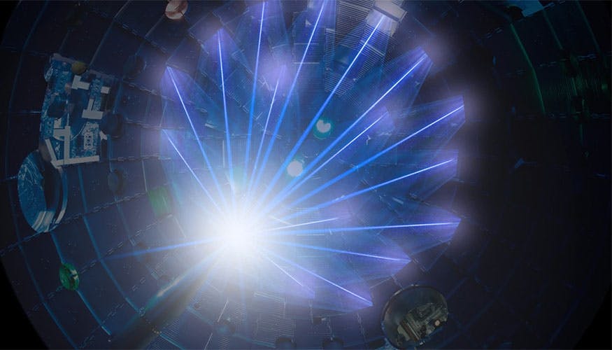 NIF&rsquo;s high-energy laser beams converge on a target at the center of the target chamber.