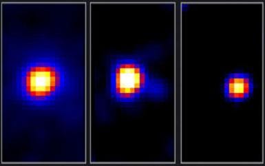At gamma-ray energies between 1 and 10 GeV, radio galaxy NGC 1275 is visible (left). At higher energies (10 to 100 GeV), another source (galaxy IC 310) can be faintly seen nearby (center). At energies from 100 to 300 GeV), only the new source is visible.