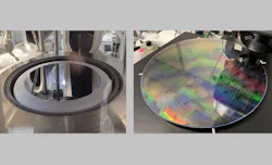 Aeluma’s 300-mm III-V-on-silicon deposition (left) and selective-area heteroepitaxy on 300-mm silicon photonics (right). Aeluma’s 300-mm III-V-on-silicon deposition (left) and selective-area heteroepitaxy on 300-mm silicon photonics (right).