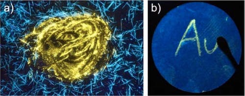Changes in colors emitted through mechanochromism: a) when the blue crystal in emission was ground at the center, the color turned yellow; and b) a round filter paper thinly coated with blue mechanochromic molecules in emission&mdash;the yellowish letters 'Au' appeared after the surface was scratched with a spatula.
