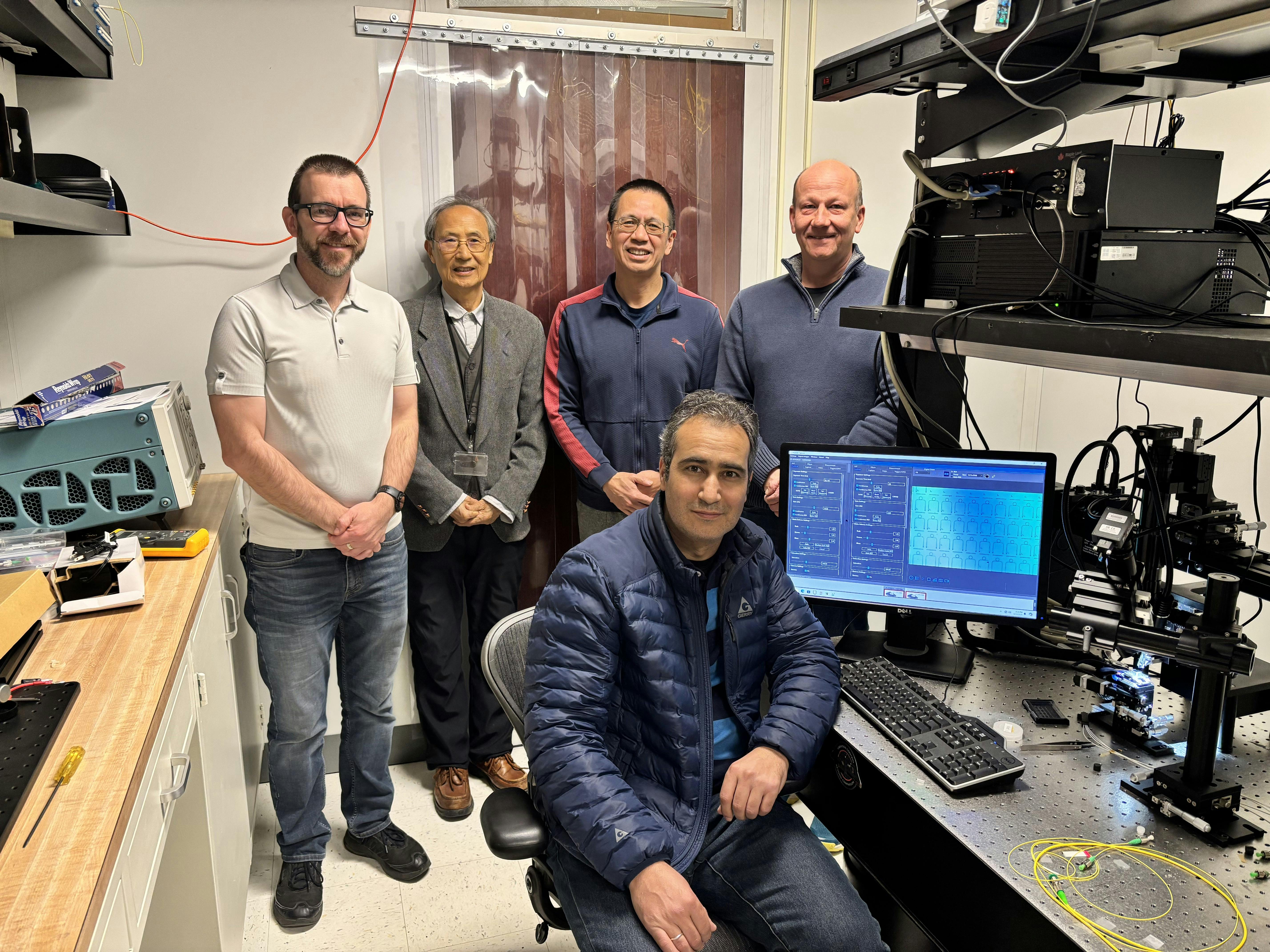 NIST researchers (left to right in back: Oliver Slattery, Xiao Tang, Lijun Ma, and Thomas Gerrits, and Anouar Rahmouni in front) involved in the breakthrough.