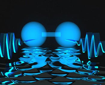 Researchers show that two photons, depicted in this artist's conception as waves (left and right), can be locked together at a short distance. Under certain conditions, the photons can form a state resembling a two-atom molecule, represented as the blue dumbbell shape at center.