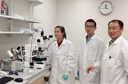 Professor Xiaoming &ldquo;Shawn&rdquo; He (right) with two of his students, Samantha Stewart (left) and Yuntian Zhang (center), next to the Linkam cryomicroscopy system.