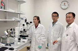 Professor Xiaoming “Shawn” He (right) with two of his students, Samantha Stewart (left) and Yuntian Zhang (center), next to the Linkam cryomicroscopy system. Professor Xiaoming “Shawn” He (right) with two of his students, Samantha Stewart (left) and Yuntian Zhang (center), next to the Linkam cryomicroscopy system.