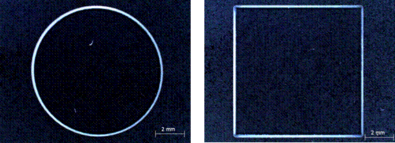 Round and square holes cut in 0.5 mm thick &ldquo;Gorilla&rdquo; glass with Photonics Industries RG-H 532 high pulse energy picosecond laser.