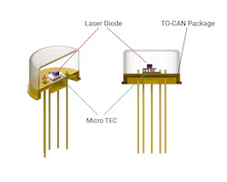 FIGURE 2. A laser diode mounted on a micro thermoelectric inside a TO-can package: The TEC maintains a stable junction temperature to reduce thermal drift. FIGURE 2. A laser diode mounted on a micro thermoelectric inside a TO-can package: The TEC maintains a stable junction temperature to reduce thermal drift.