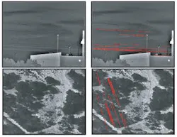 FIGURE 4. The original images in the passive obstacle-detection method are shown on the left side, with the output image on the right. In these examples, images (the wires) were detected and symbology was automatically overlaid onto the original image, indicative of the threats. FIGURE 4. The original images in the passive obstacle-detection method are shown on the left side, with the output image on the right. In these examples, images (the wires) were detected and symbology was automatically overlaid onto the original image, indicative of the threats.