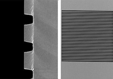 Gratings are fabricated with approximately 700 nm between ridges (left). Each has slightly different spacing and thickness, affecting reflectivity and mechanical performance. A single grating measuring 50 micrometers on a side (right).