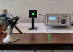 A 17 × 17 mm sensor is mounted in a 50.8 × 50.8 mm meter head (MH). It is shown here measuring the power emitted from a green laser pointer. A 17 × 17 mm sensor is mounted in a 50.8 × 50.8 mm meter head (MH). It is shown here measuring the power emitted from a green laser pointer.