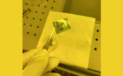 FIGURE 1. A chip containing arrays of NRSEL microlasers during the fabrication process. FIGURE 1. A chip containing arrays of NRSEL microlasers during the fabrication process.